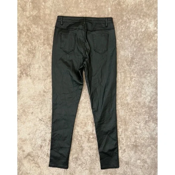 Black Coated Faux Leather High Rise Skinny Pants Double Button Stretch L - Picture 12 of 12